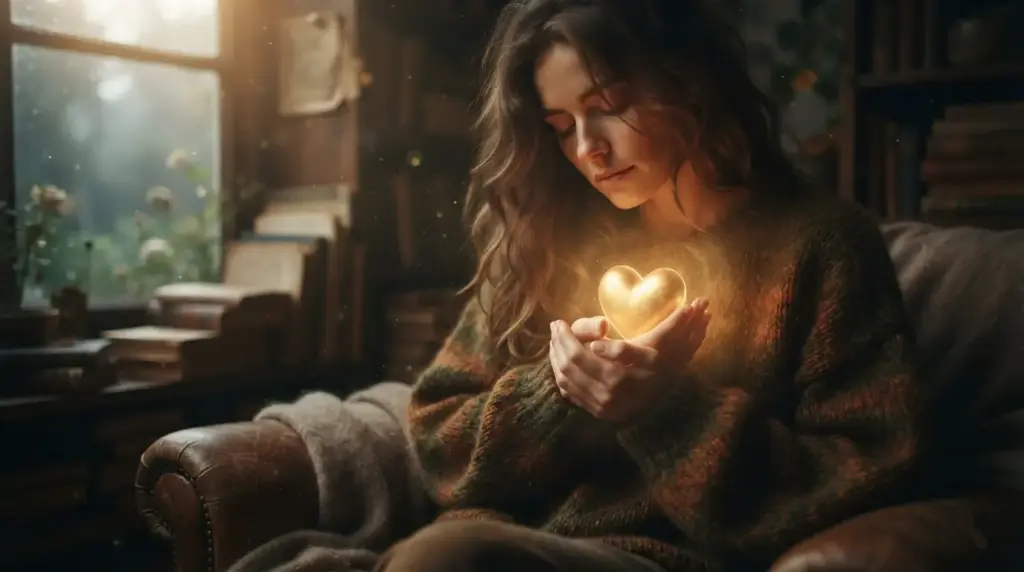 Una persona che tiene tra le mani un cuore dorato, caldo e luminoso, trovando conforto in un momento di quieta riflessione