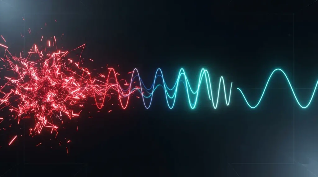Rappresentazione visiva di onde cerebrali in transizione da caotiche scintille digitali rosse ad alta frequenza a calme e rilassanti linee ondulate turchesi e luminose
