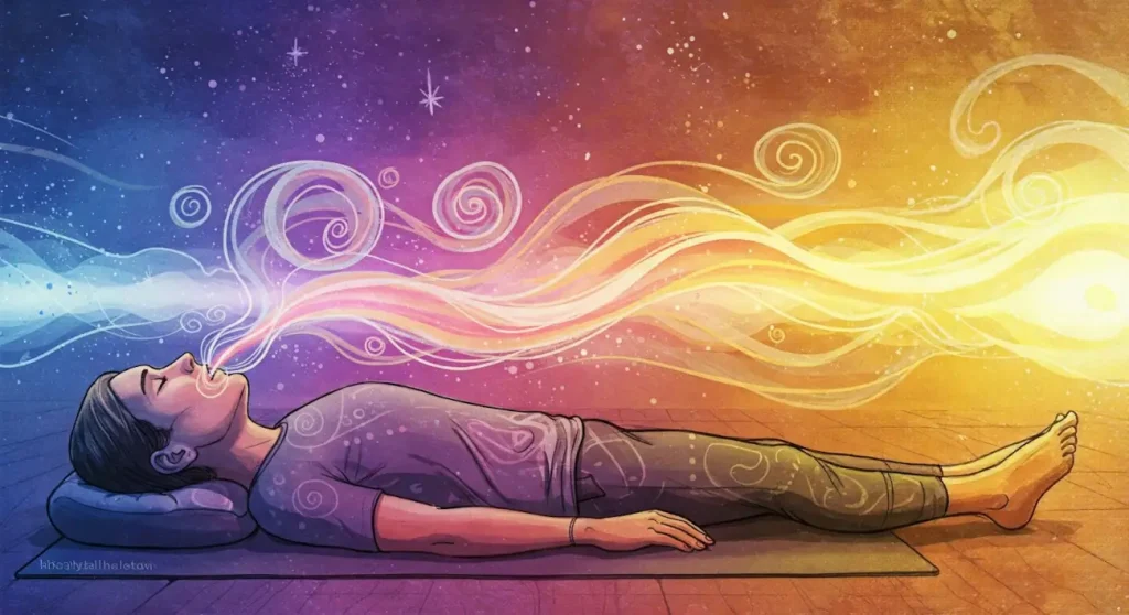 Disegno con uomo sdraiato che respira simbolo del Respiro Circolare, Rebirthing: Respirare per Rinascere a nuove libertà