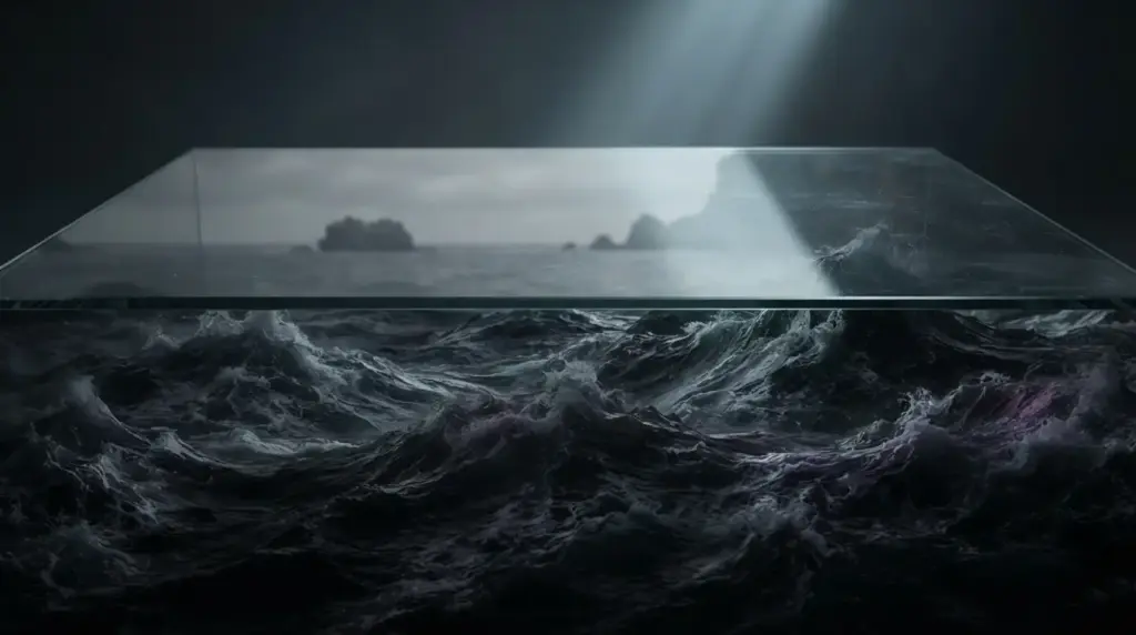 Rappresentazione visiva astratta di emozioni represse sotto forma di onde oceaniche scure e tempestose intrappolate sotto una superficie di vetro liscia