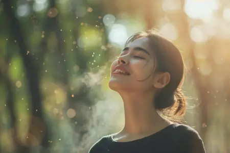 Ragazza che respira in un parco illuminata dal sole, libero Respiro Circolare con la pratica del Rebirthing