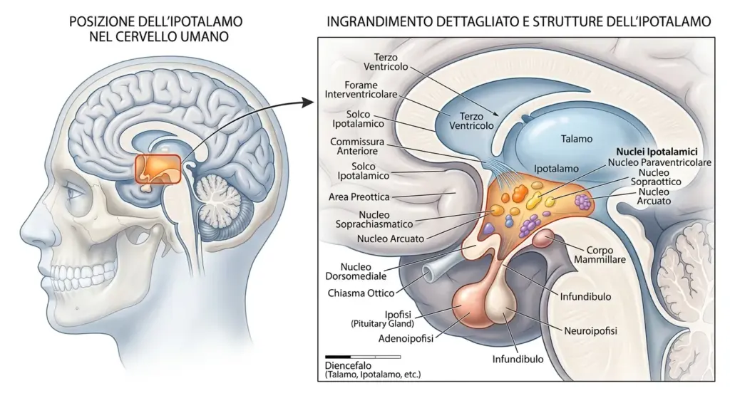 Posizione dell'ipotalamo nel cranio umano e ingrandimento che mostra l'ipotalamo con gli elementi che lo compongono