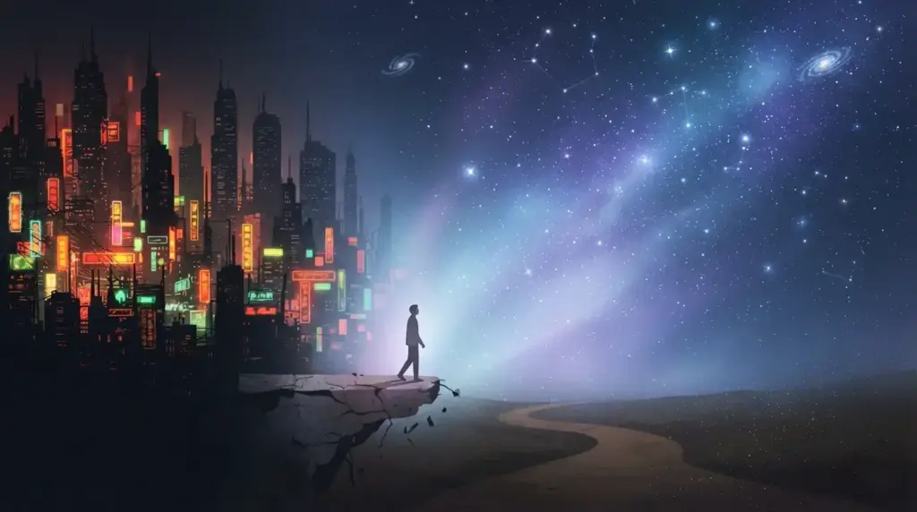 Arte digitale concettuale che ritrae una persona mentre si allontana da una città affollata, rumorosa e illuminata dai neon, dirigendosi verso un cielo notturno vasto e silenzioso, punteggiato di stelle e pervaso da una delicata luce cosmica blu e viola