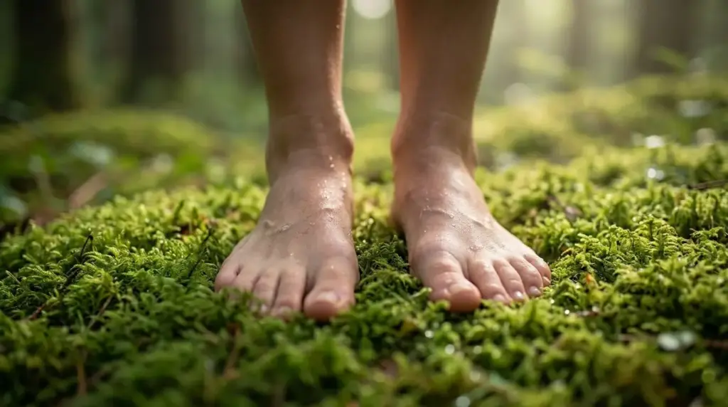 Messa a terra, piedi nudi sul muschio di un bosco