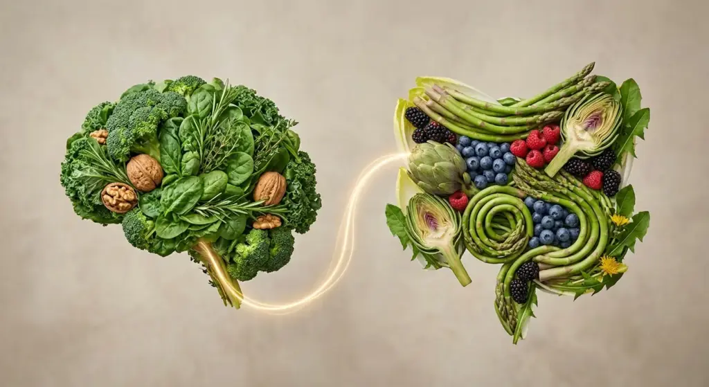 Immagine che illustra il concetto di asse intestino-cervello componendo ortaggi e frutti benefici
