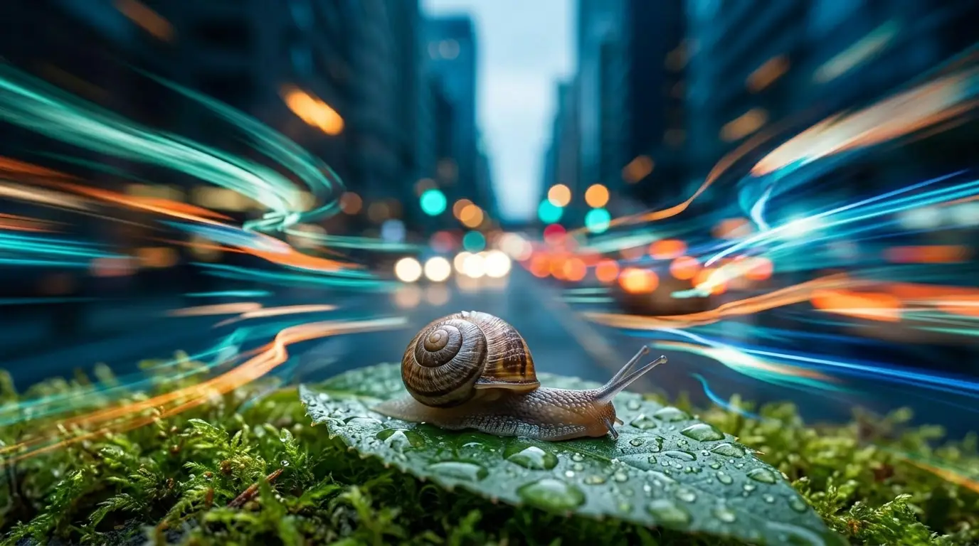 Rallentare al ritmo naturale. Una lumaca su una foglia con ruggiada e sullo sfondo sfuocato il "caos" di una grande città