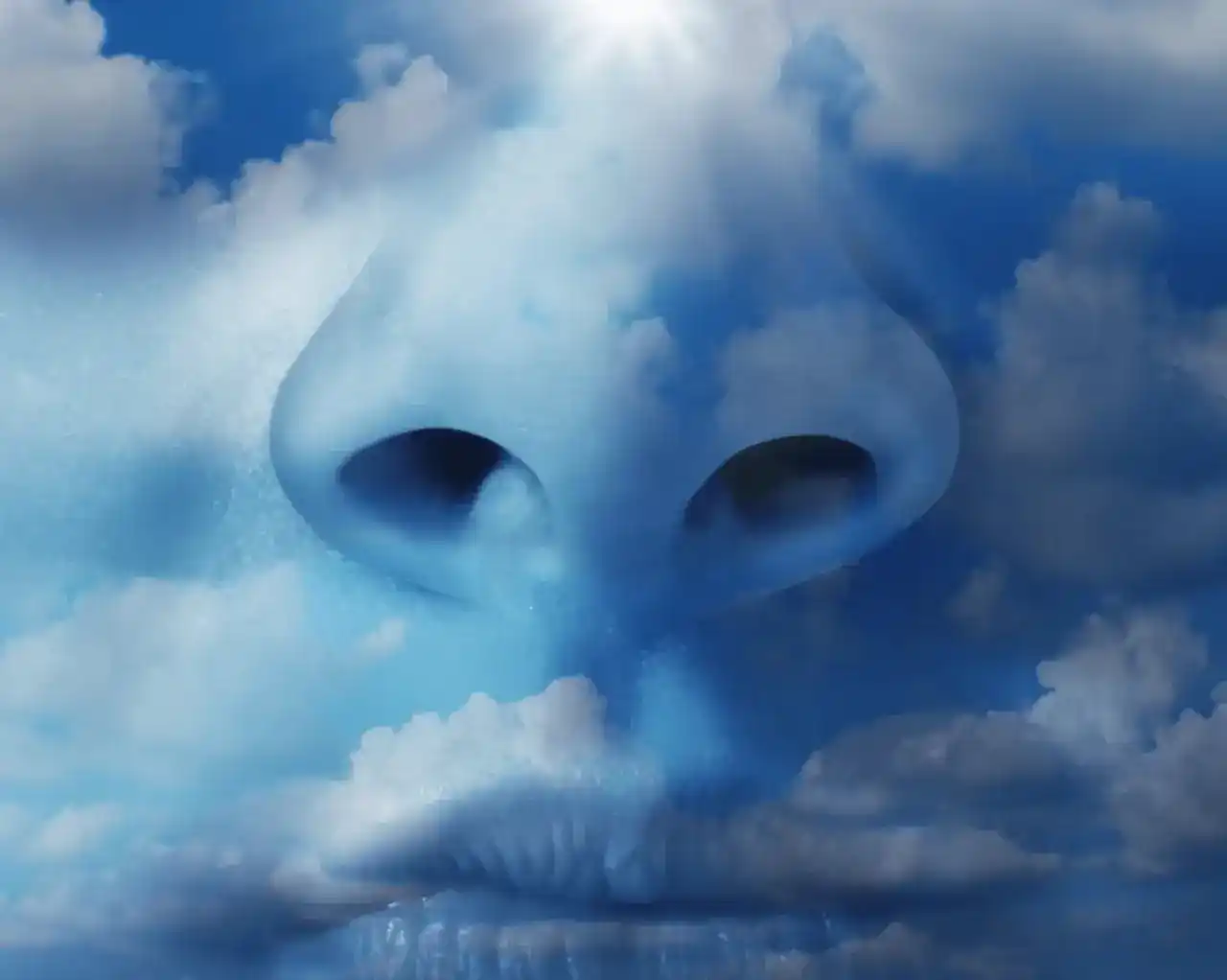Naso di un viso che nel cielo con nuvole respira