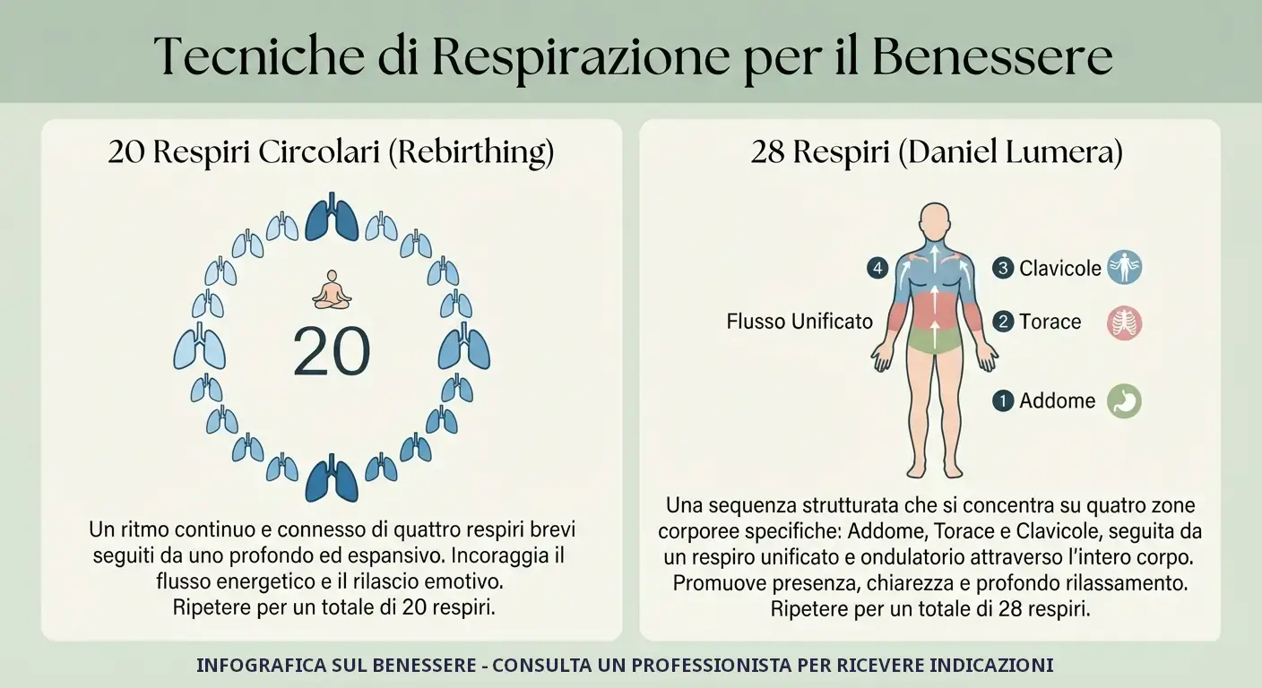 Infografica riassuntiva dei 20 respiri circolari del Rebirthing e dei 28 respiri di Daniel Lumera