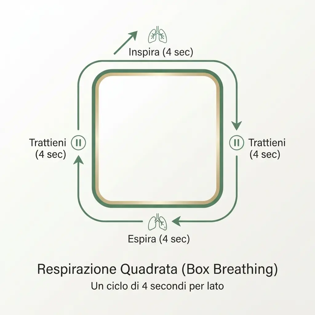 Diagramma illustrativo della tecnica Box Breathing per calmare ansia e stress