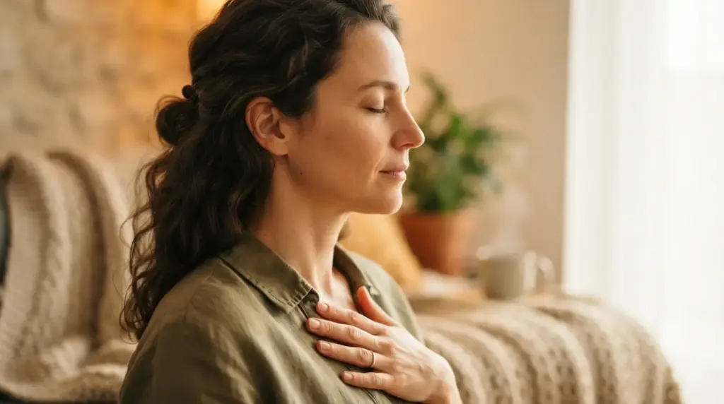 Persona in ascolto somatico, serena e radicata, che pratica il respiro e l'ascolto interiore.