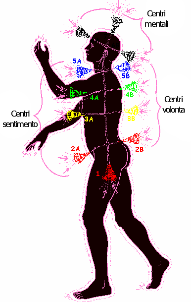 Disegno di un corpo con i vortici dei chakra che spesso vengono influenzati da energia bloccata o da traumi repressi che grazie al Respiro Circolare del Rebirthing possono essere risolti